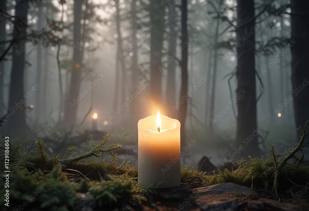 A single, soft candle flame amidst a thick foggy forest, cozy, foggy forest A single, soft candle flame amidst a thick foggy forest, cozy, foggy forest