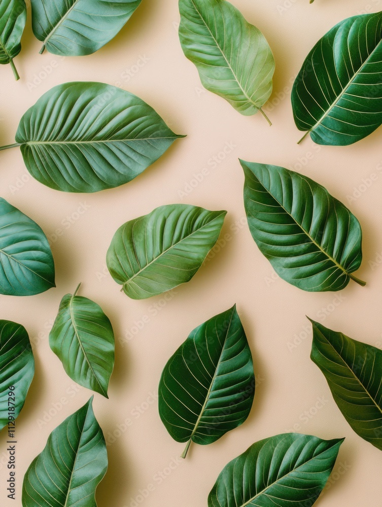Fototapeta premium Green leaves on beige surface