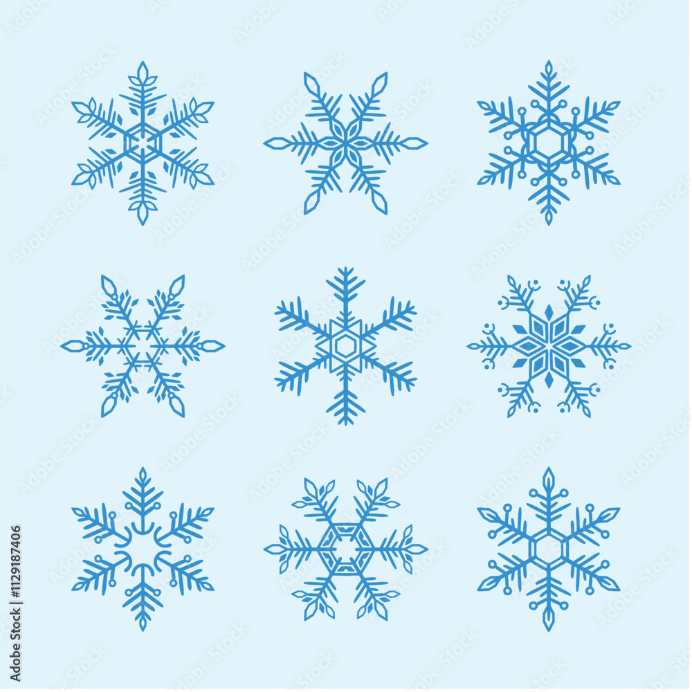 Snowflake variations icon collection. Snowflakes Blue ice crystal on blue background. Winter symbol. Christmas logo sign. Snowflake variations icon collection. Snowflakes Blue ice crystal on blue background. Winter symbol. Christmas logo sign.