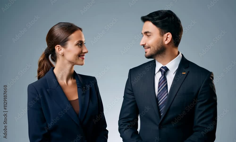 Business partners posing in front of gray background, looking at camera and smiling Business partners posing in front of gray background, looking at camera and smiling