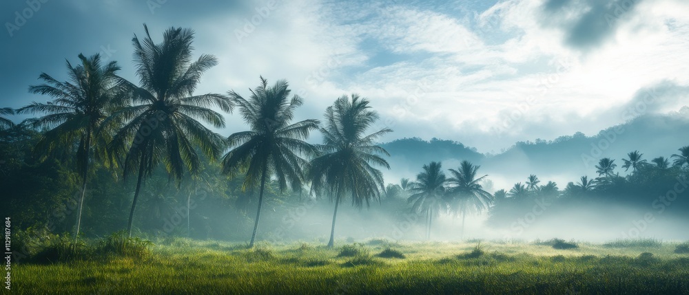 Obraz premium serene landscape with palm trees and misty mountains