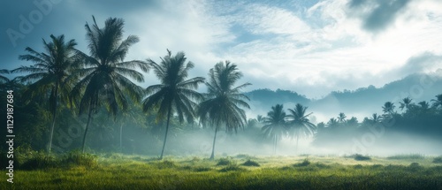 serene landscape with palm trees and misty mountains