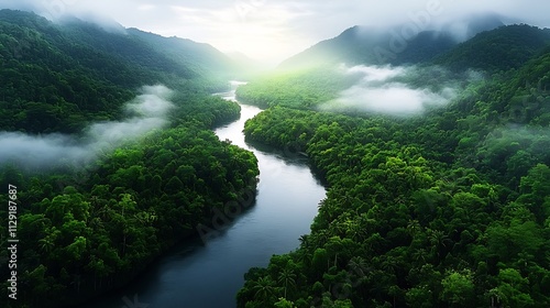 Lush Green Jungle Landscape With Winding River Flowing Through Dense Foliage From Overhead Perspective