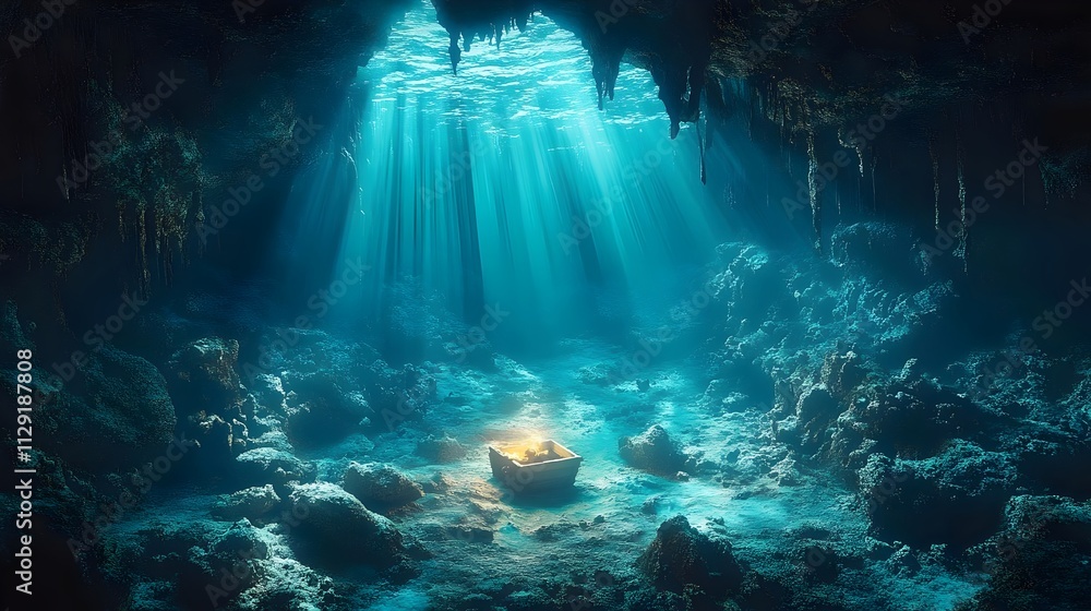 A boat is floating in a deep blue ocean with sunlight shining through the water A boat is floating in a deep blue ocean with sunlight shining through the water