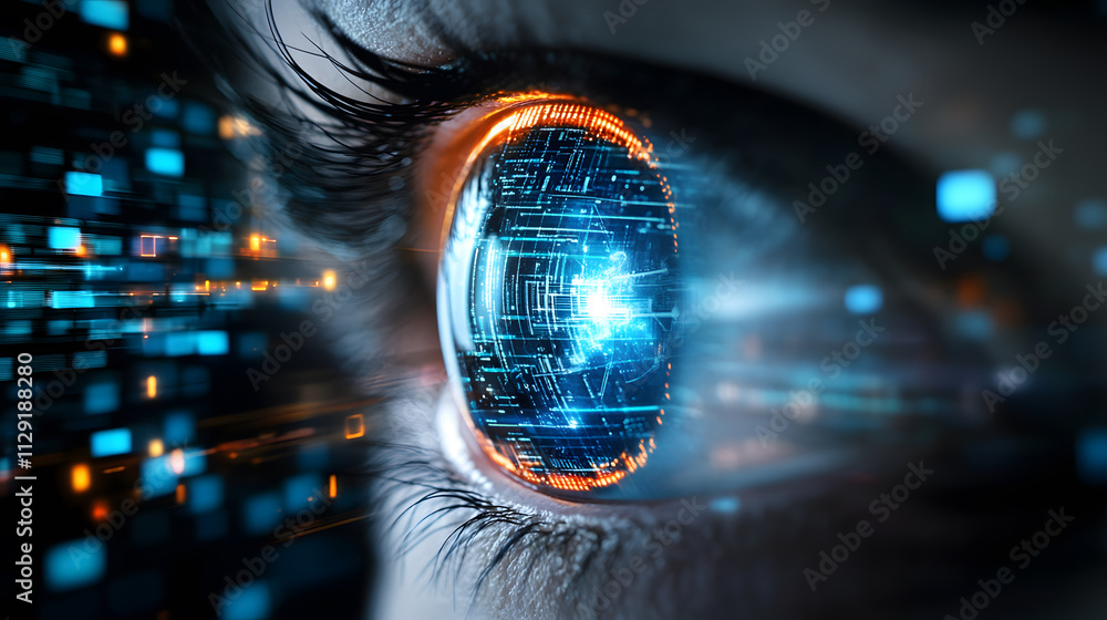 Naklejka premium Digital eye with futuristic technology and data visualization elements, showcasing advanced digital privacy concepts