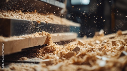 Woodworking Process: Lumber and Sawdust in Motion