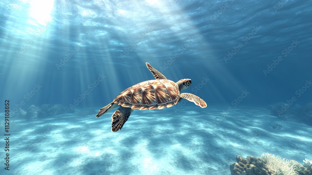 Obraz premium Sea turtle swimming underwater, sunbeams.