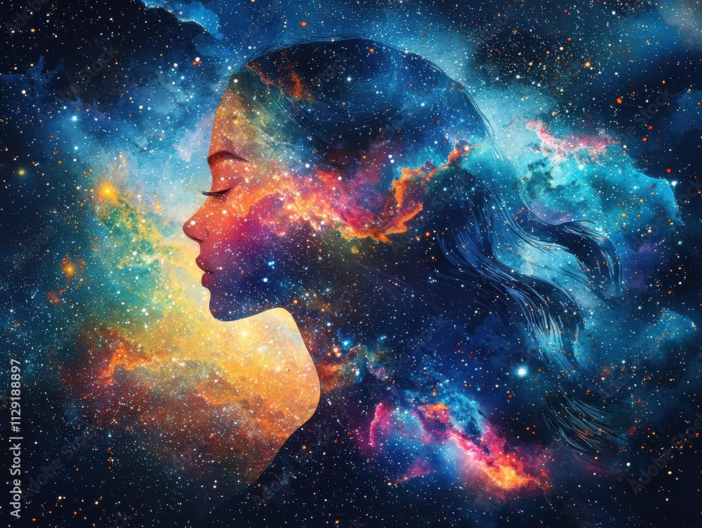 Celestial-themed double exposure art featuring a female profile cosmic background digital artwork surreal environment artistic perspective Celestial-themed double exposure art featuring a female profile cosmic background digital artwork surreal environment artistic perspective