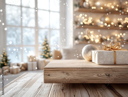 Cozy and warm Xmax scene of a wooden table surrounded by Christmas decorations  photo