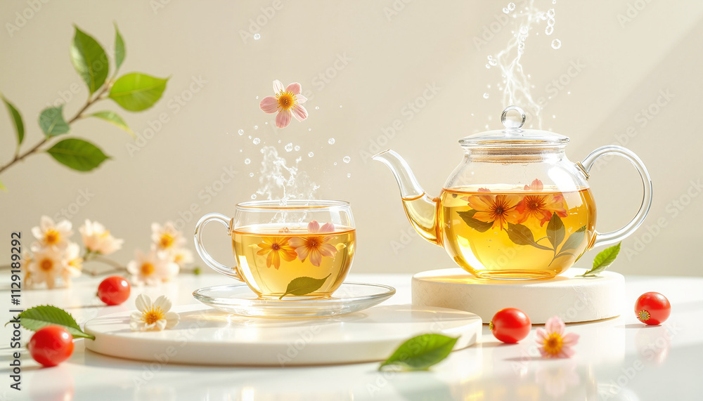 Glass teapot and cup with floral tea, featuring flowers and leaves in bright light Glass teapot and cup with floral tea, featuring flowers and leaves in bright light