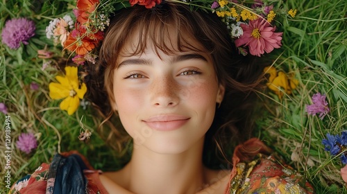 Overhead Shot of Woman Enjoying Nature s Tranquility in Floral Frame photo