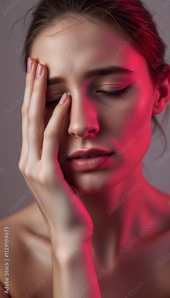 Close-up portrait of a woman with her hand on her face, showcasing a melancholic expression under unique pink lighting. Close-up portrait of a woman with her hand on her face, showcasing a melancholic expression under unique pink lighting.