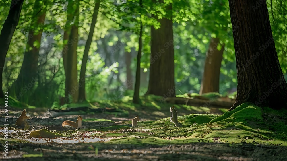 Majestic Forest Scene Squirrels Moss Trees Sunlight Nature Majestic Forest Scene Squirrels Moss Trees Sunlight Nature