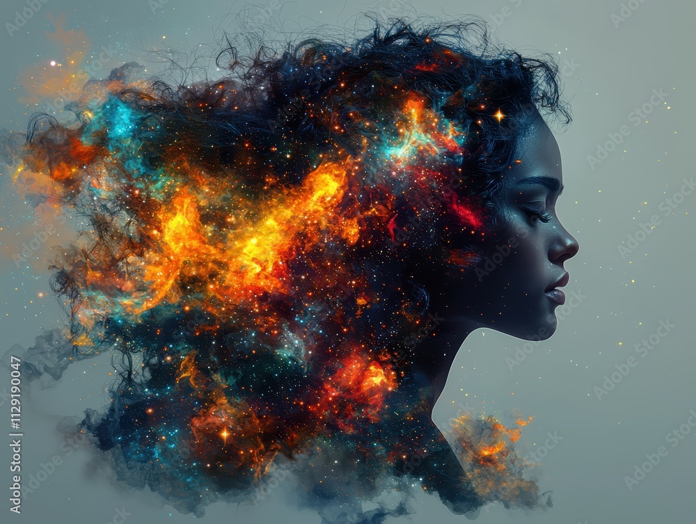 Silhouette of a woman in profile surrounded by cosmic colors abstract art digital creation ethereal environment side view imagination Silhouette of a woman in profile surrounded by cosmic colors abstract art digital creation ethereal environment side view imagination