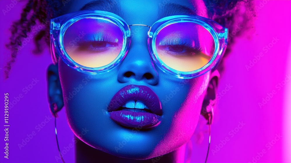 Captivating portrait of a young woman with neon glasses urban setting fashion photography vibrant colors close-up perspective artistic expression Captivating portrait of a young woman with neon glasses urban setting fashion photography vibrant colors close-up perspective artistic expression