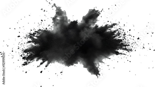 Black powder explosion with dark colors isolated white background. Abstract powder splatted on white background, Black vibrant paint black powder explosion with dark colors isolated white background.	
