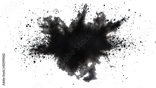 Black powder explosion with dark colors isolated white background. Abstract powder splatted on white background, Black vibrant paint black powder explosion with dark colors isolated white background.	