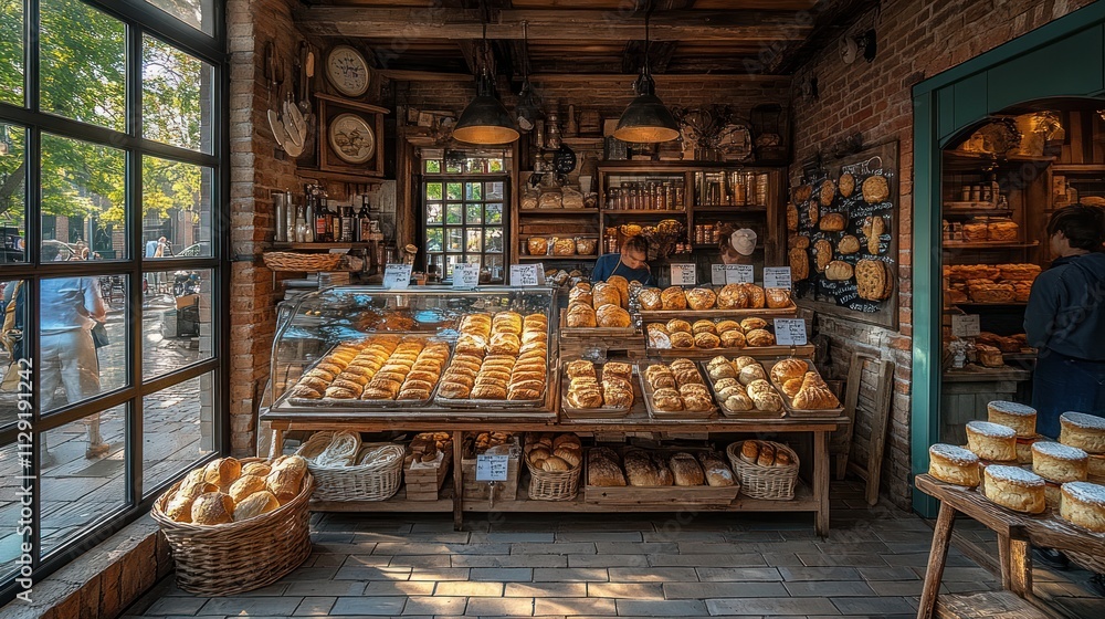  cozy bakery filled with various freshly baked breads and pastries, inviting customers to indulge in treats.