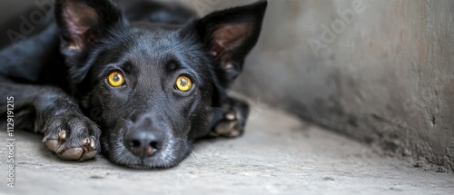 black dog lying down with expressive eyes photo