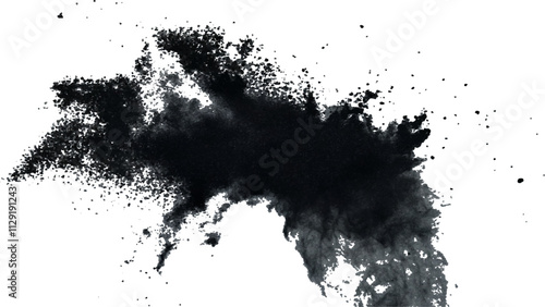 Black powder explosion with dark colors isolated white background. Abstract powder splatted on white background, Black vibrant paint black powder explosion with dark colors isolated white background.	