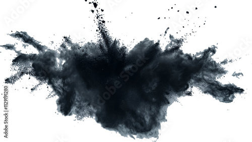 Black powder explosion with dark colors isolated white background. Abstract powder splatted on white background, Black vibrant paint black powder explosion with dark colors isolated white background.	