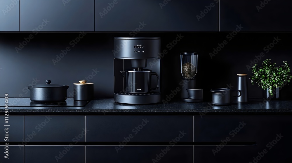 A black kitchen with a coffee maker and a blender on the counter A black kitchen with a coffee maker and a blender on the counter