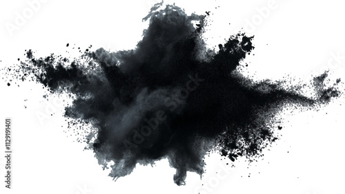 Black powder explosion with dark colors isolated white background. Abstract powder splatted on white background, Black vibrant paint black powder explosion with dark colors isolated white background.	