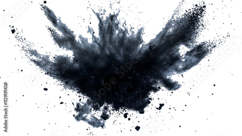 Black powder explosion with dark colors isolated white background. Abstract powder splatted on white background, Black vibrant paint black powder explosion with dark colors isolated white background.	