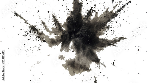 Black powder explosion with dark colors isolated white background. Abstract powder splatted on white background, Black vibrant paint black powder explosion with dark colors isolated white background.	