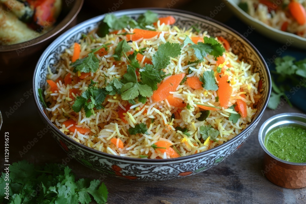 Delicious carrot and cilantro rice in a patterned bowl, garnished with fresh herbs, served with green chutney. Delicious carrot and cilantro rice in a patterned bowl, garnished with fresh herbs, served with green chutney.