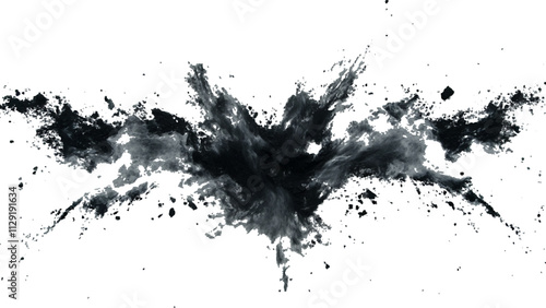 Black powder explosion with dark colors isolated white background. Abstract powder splatted on white background, Black vibrant paint black powder explosion with dark colors isolated white background.	