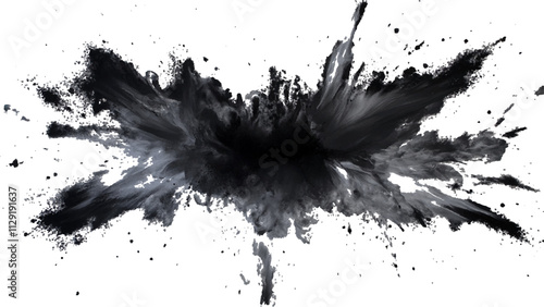 Black powder explosion with dark colors isolated white background. Abstract powder splatted on white background, Black vibrant paint black powder explosion with dark colors isolated white background.	