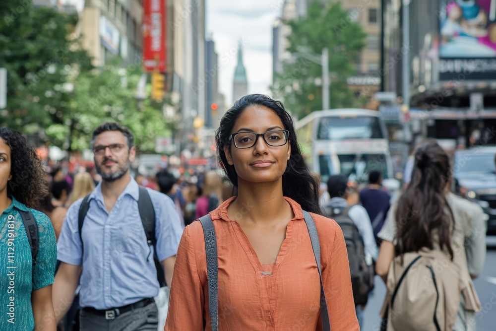 confident woman walking in a busy urban street confident woman walking in a busy urban street