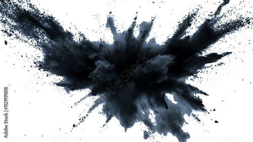 Black powder explosion with dark colors isolated white background. Abstract powder splatted on white background, Black vibrant paint black powder explosion with dark colors isolated white background.	