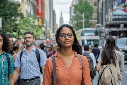 confident woman walking in a busy urban street