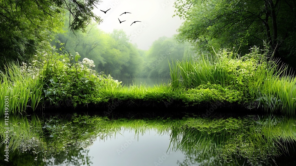 Serene Protected Wetland Ecosystem with Birds Flying Above and Lush Aquatic Plants Serene Protected Wetland Ecosystem with Birds Flying Above and Lush Aquatic Plants