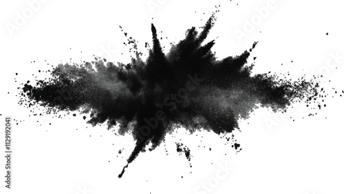 Black powder explosion with dark colors isolated white background. Abstract powder splatted on white background, Black vibrant paint black powder explosion with dark colors isolated white background.	