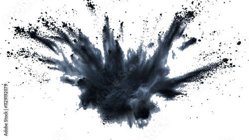 Black powder explosion with dark colors isolated white background. Abstract powder splatted on white background, Black vibrant paint black powder explosion with dark colors isolated white background.	