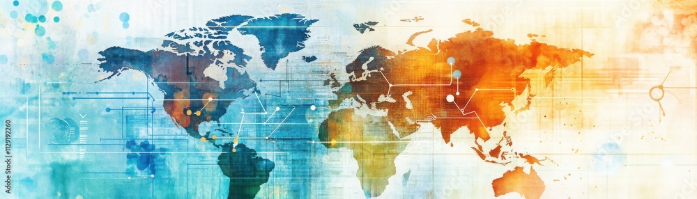 Obraz premium A vibrant, abstract digital world map with colorful gradients and modern design elements.