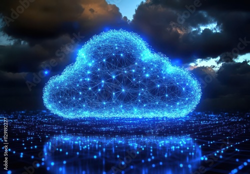 Digital Cloud Network with Glowing Nodes and Connections in a Night Sky Background Representing Cloud Computing and Data Storage Innovations photo