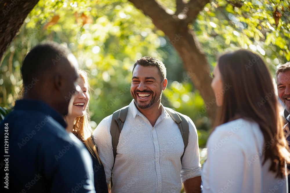 Fototapeta premium Group of Colleagues Smiling Outdoors During Team-Building Event. Generative Ai.