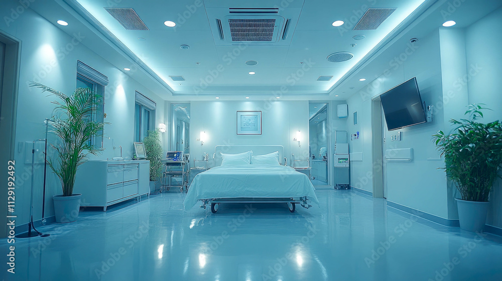 A serene, well-equipped hospital room with a clean white bed, soft lighting, and greenery for a calming atmosphere A serene, well-equipped hospital room with a clean white bed, soft lighting, and greenery for a calming atmosphere