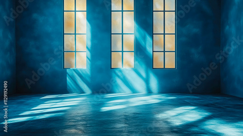 An empty blue room with a large window casting soft shadows and golden sunlight reflecting off the walls