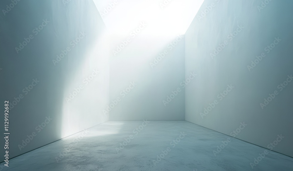 Light beam in a minimalist, empty, white room with a concrete floor. Light beam in a minimalist, empty, white room with a concrete floor.