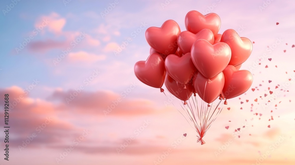 Obraz premium Romantic Heart-Shaped Balloons in Dreamy Sky. Generative AI