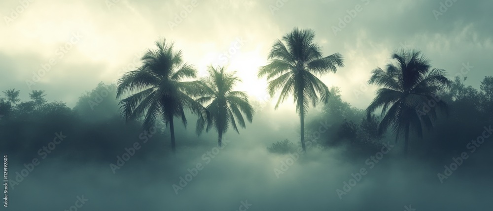 serene landscape with palm trees in fog serene landscape with palm trees in fog
