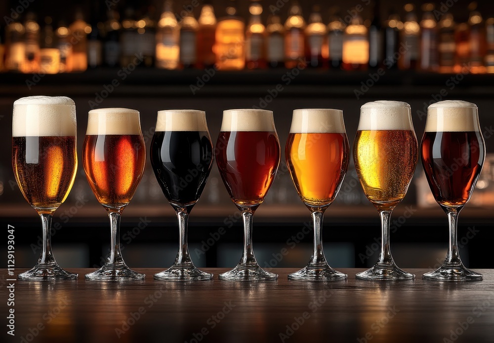 Diverse Selection of Beer Styles in Elegant Glassware Highlighting Varieties from Pale Ale to Stout against a Warm Ambient Bar Background Diverse Selection of Beer Styles in Elegant Glassware Highlighting Varieties from Pale Ale to Stout against a Warm Ambient Bar Background