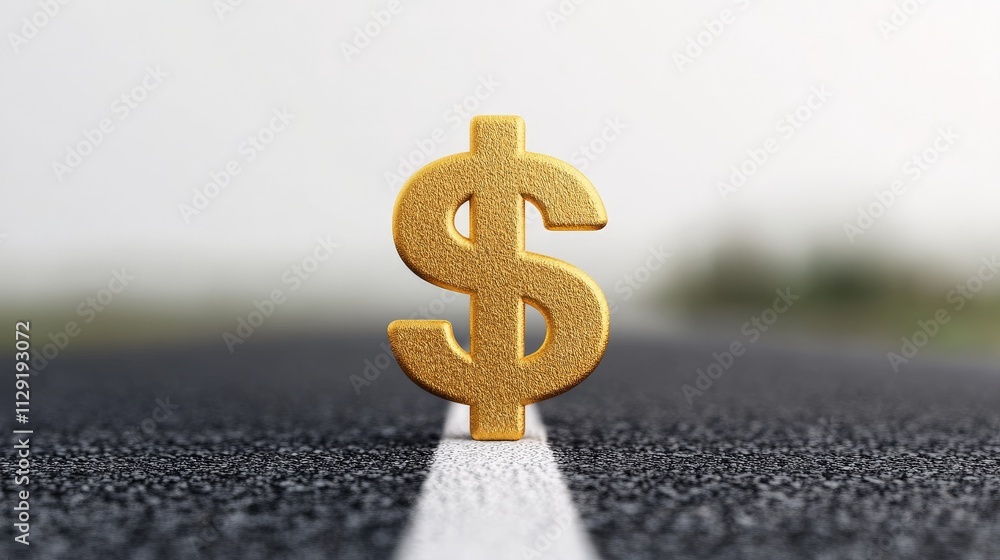 Golden Dollar on the Road to Success: A symbolic image of a gold dollar sign standing on a white road line, suggesting financial prosperity and the journey towards wealth. Golden Dollar on the Road to Success: A symbolic image of a gold dollar sign standing on a white road line, suggesting financial prosperity and the journey towards wealth.