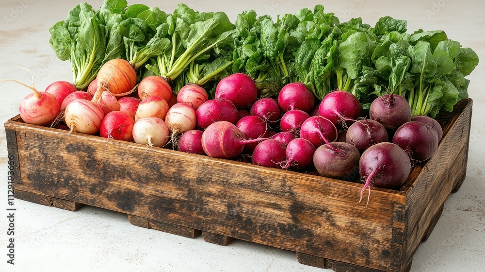 A wooden crate filled with colorful root vegetables such as beets, turnips, and radishes, set on a plain white surface for a rustic yet clean look A wooden crate filled with colorful root vegetables such as beets, turnips, and radishes, set on a plain white surface for a rustic yet clean look