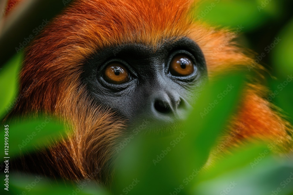 Fototapeta premium close-up of a monkey with vibrant orange fur in a lush green environment